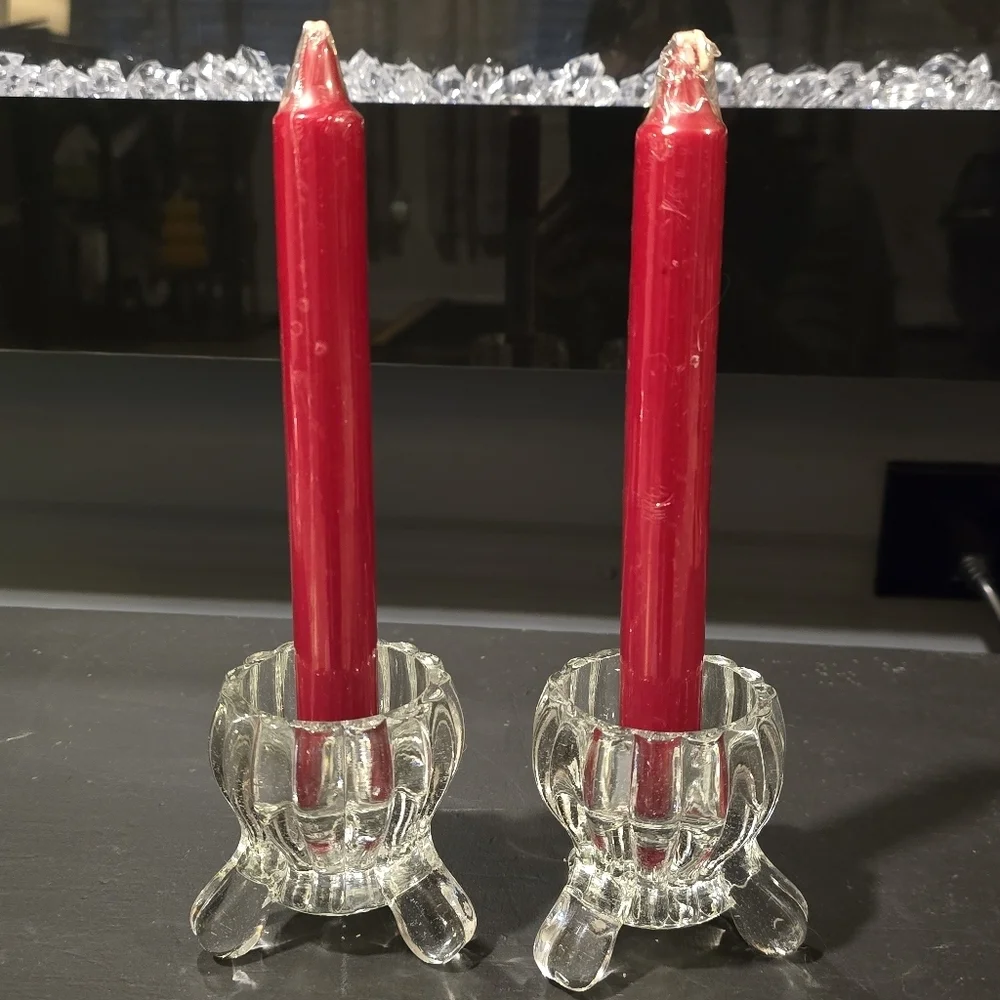 Vintage Jeannette Glass National #2200 three-toed candlestick holders